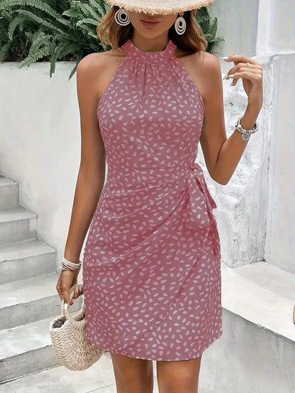 Qadınlar üçün Çiçək Printli Don, Dəbli Zərif Seksual Qolsuz Boyundan Asmalı Mini Donlar Xanım Yay Gündəlik Çimərlik Partiyası Donu Femmes