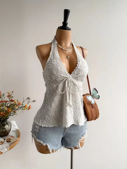 Women's V-Neck Lace Top - Summer Beach Vacation Top
