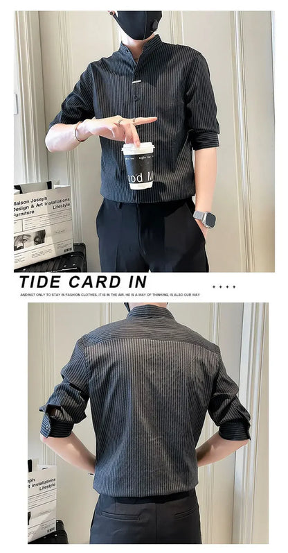 Men's Striped Stand Collar Cardigan Shirt 2025