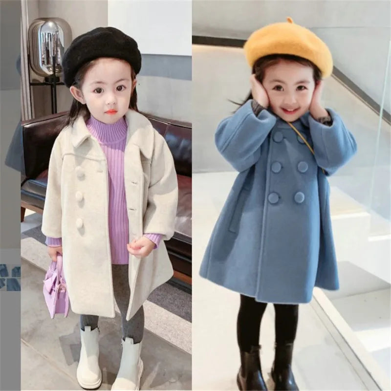 Girls Tweed Coat - Mid-Length Padded Double-Breasted Winter
