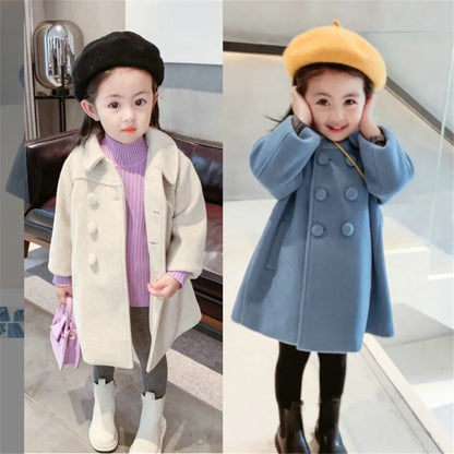 Girls Tweed Coat - Mid-Length Padded Double-Breasted Winter