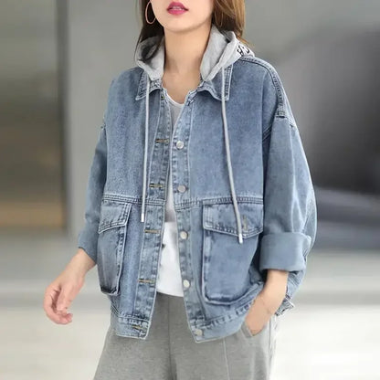 Korean Denim Jacket Women Hooded Vintage