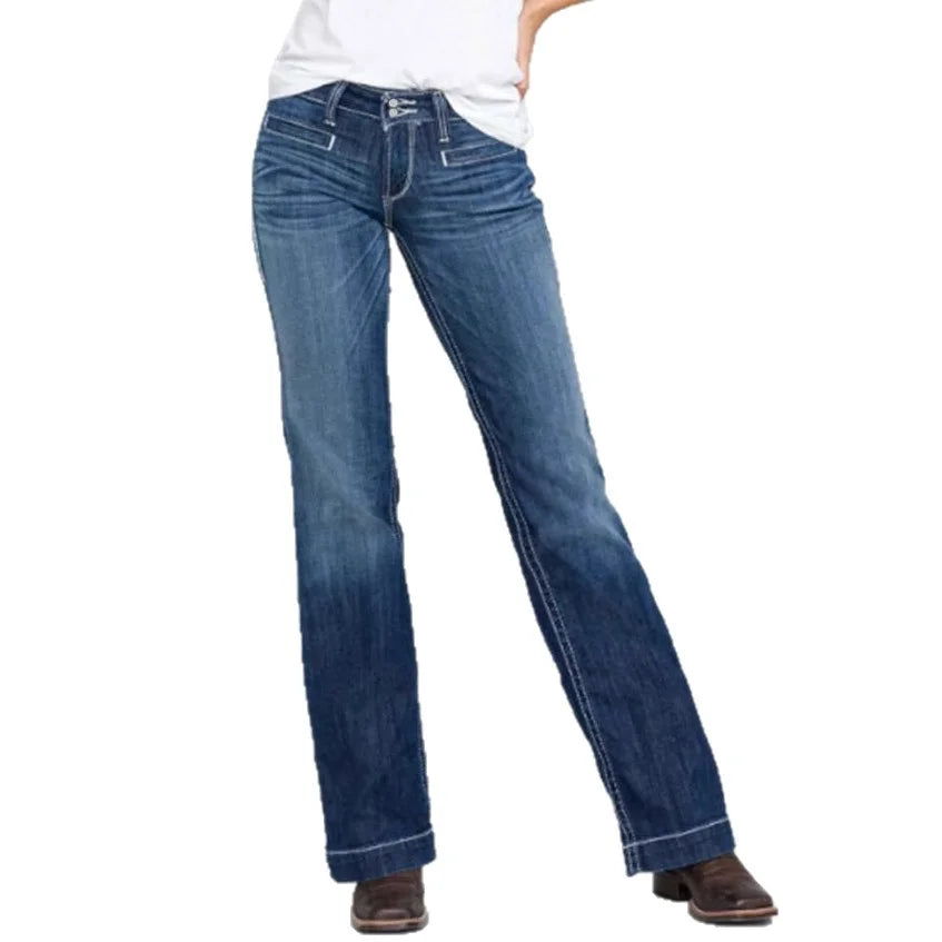 European American Fashion Embroidery Double Waisted Straight Leg Jeans