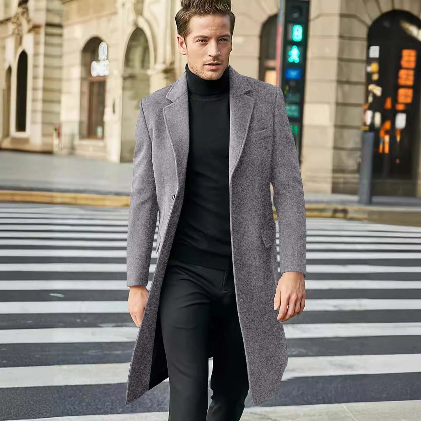 Men's Long Trench Coat - Slim-Fit Wool Jacket