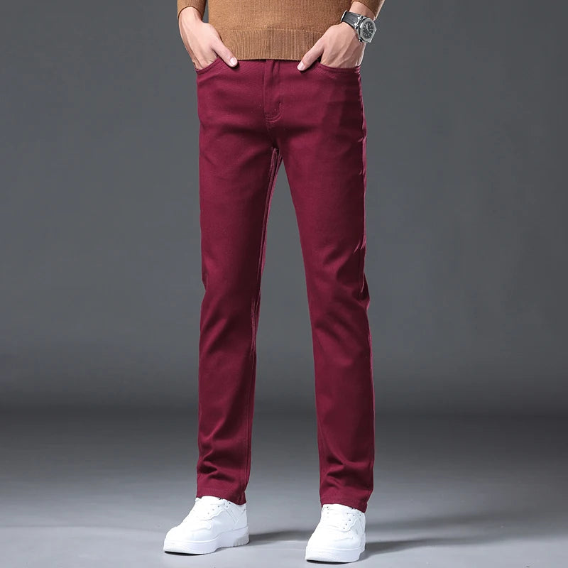 Wine Red Jeans Men - Fashion Casual Classic Business Straight
