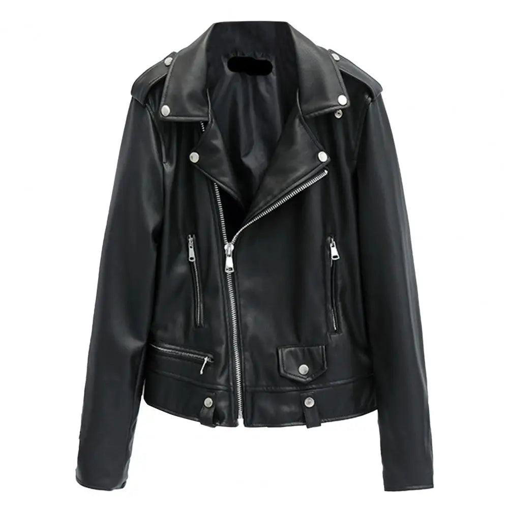 Women Jacket Faux Leather Turn-down Collar Zip-up Zipper jackets Long Sleeves Motorcycle Jacket Coat Travel Motor Outerwear