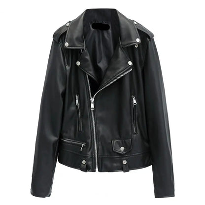 Women Jacket Faux Leather Turn-down Collar Zip-up Zipper jackets Long Sleeves Motorcycle Jacket Coat Travel Motor Outerwear