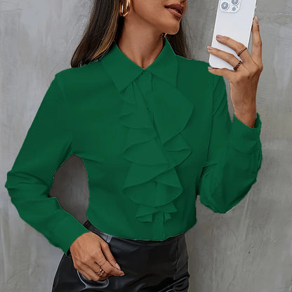 Elegant Women Blouse Ruffled Long Sleeve Office Shirt