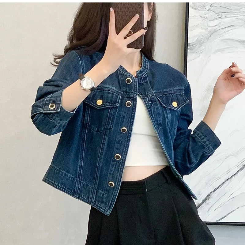 Vintage Women's O-Neck Denim Jacket Y2K