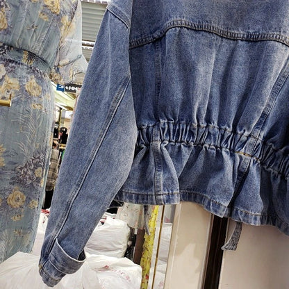 Denim Jacket for Women Plain Cinched Waist Slim Woman Jean Coat Blue Outerwear Spring Autumn 2025 Fashion Low Price Y2k Clothes