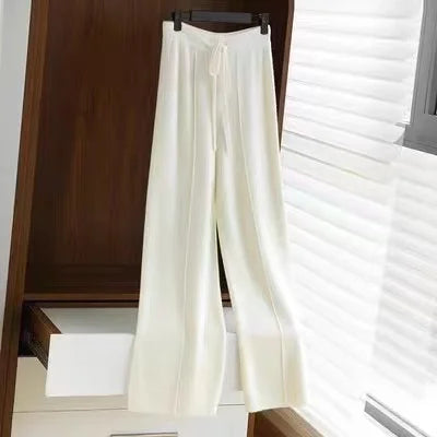 Women Pants Full Length Elastic Waist Knitted Wide Leg