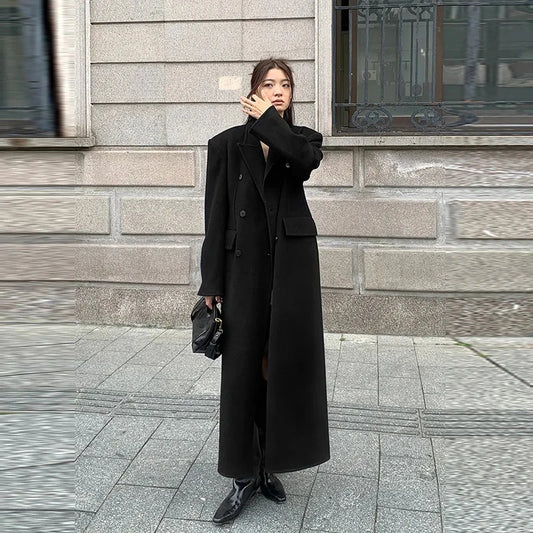 Women's Y2K Faux Wool Coat - Double Breasted Winter Jacket