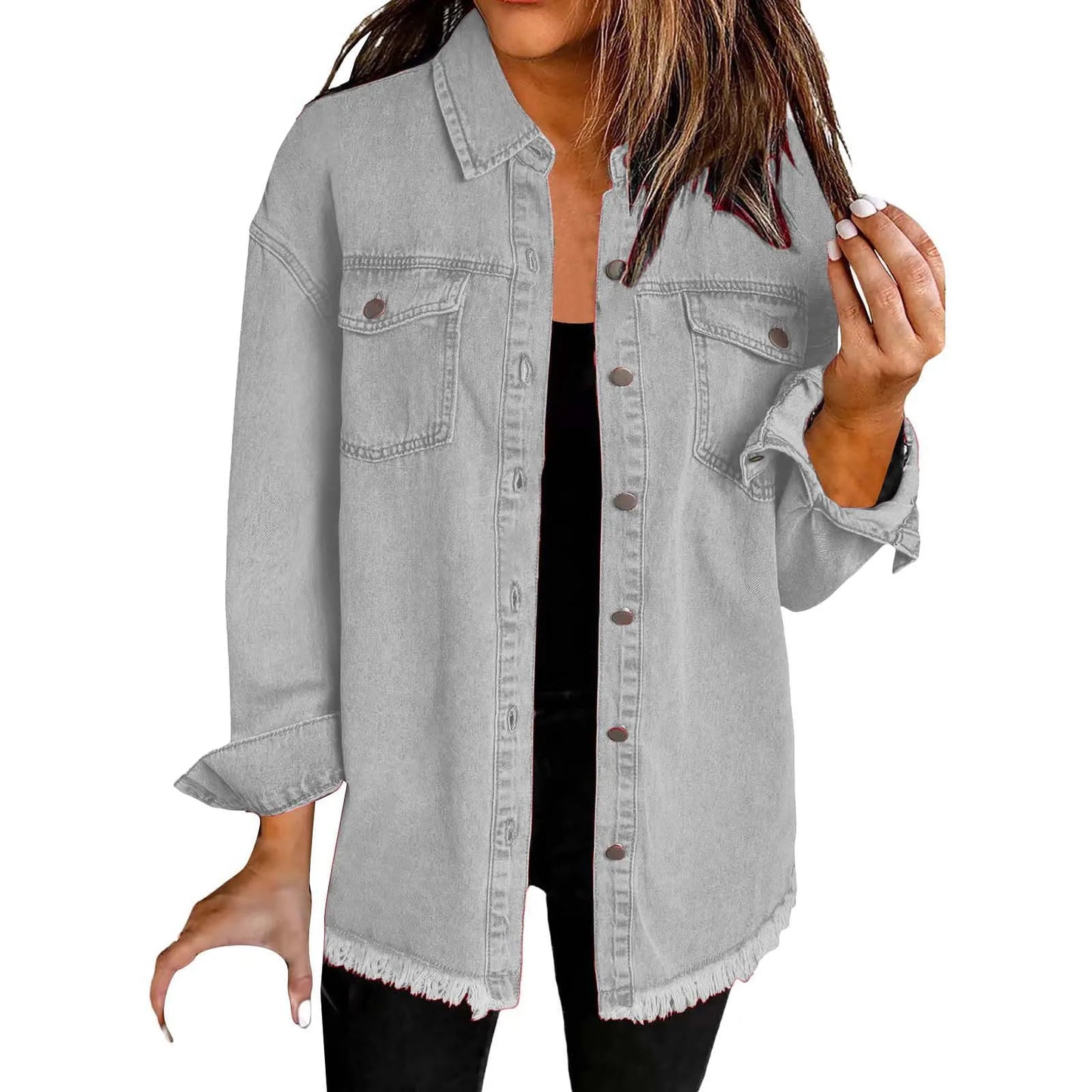 New washed denim shirt jacket for women autumn and winter personality street style edged hem jacket for women
