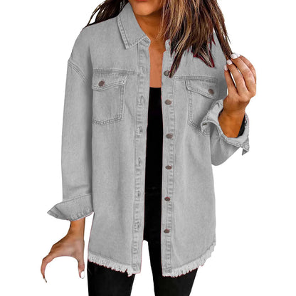 New washed denim shirt jacket for women autumn and winter personality street style edged hem jacket for women