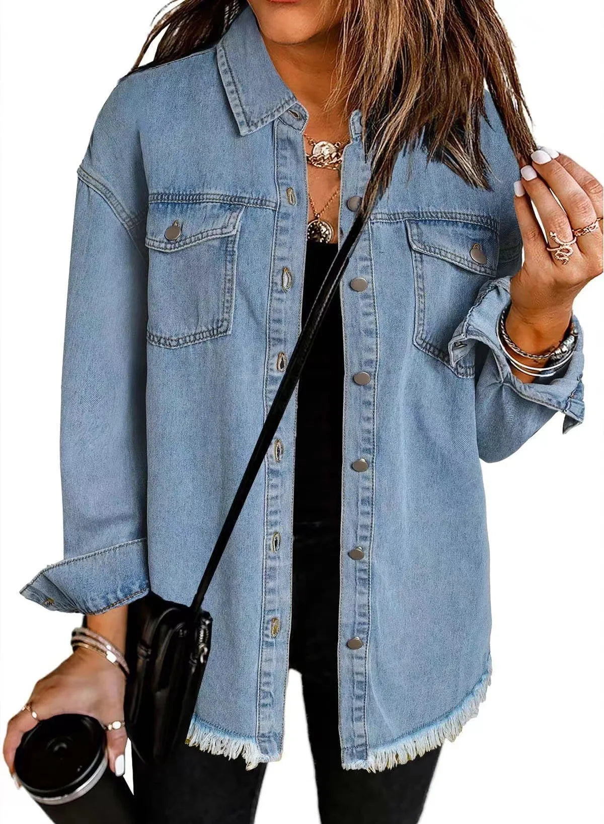 New washed denim shirt jacket for women autumn and winter personality street style edged hem jacket for women