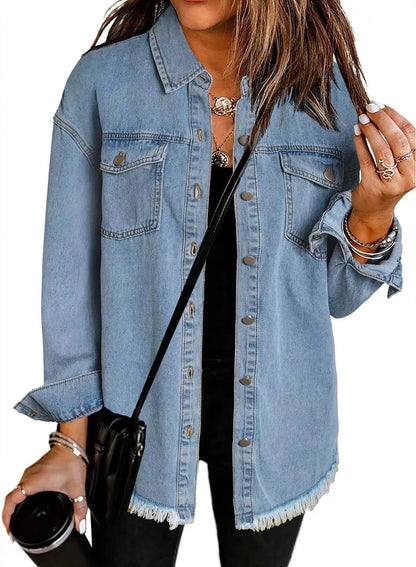 New washed denim shirt jacket for women autumn and winter personality street style edged hem jacket for women
