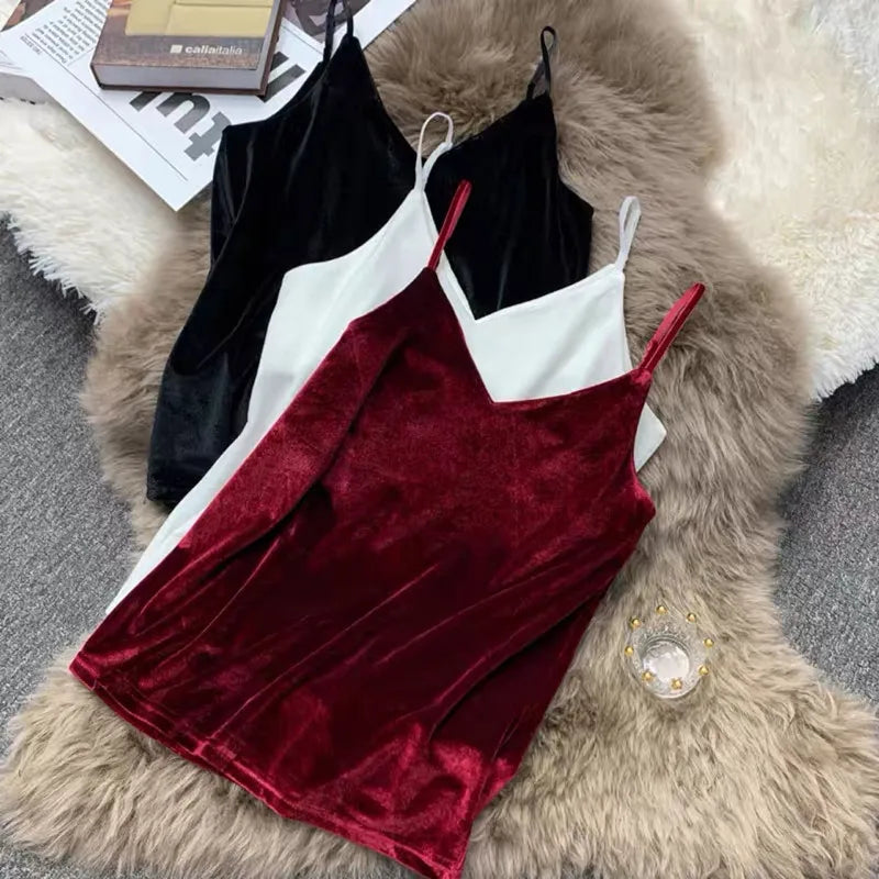 Women Velour Tank Crop Top - Korean Streetwear Camisole