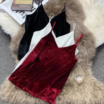 Women Velour Tank Crop Top - Korean Streetwear Camisole