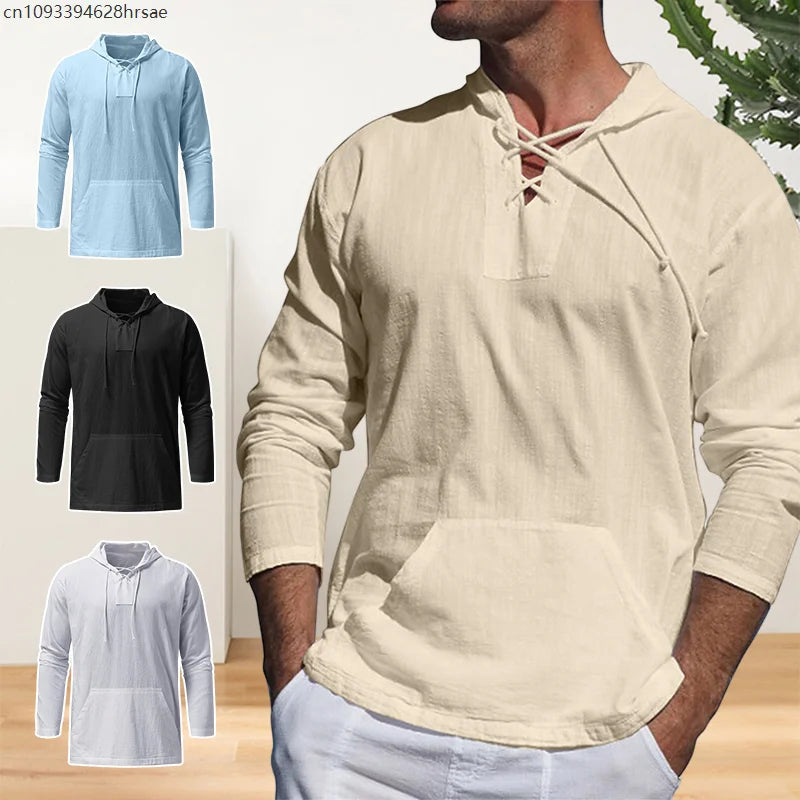 Men's Cotton Linen Hooded Sports Shirt