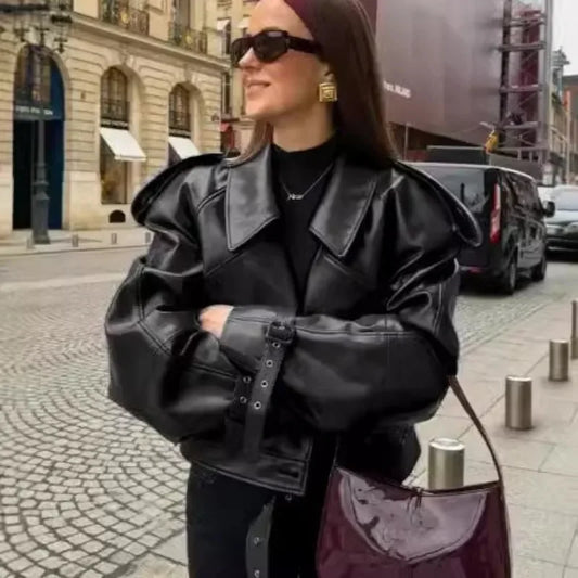 Casual Street Leather Jacket Women Solid Lapel Long Sleeved Belt Crop Female Coats 2025 Autumn Y2k Fashion Loose Pu Outwear Lady
