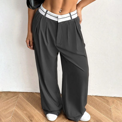 Women's Blazer Pants Pleated Wide-Leg Casual Trousers Contrast Waistband Daily Wear Stylish Versatile Loose Fit  Long Pants