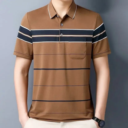 Short-sleeved T-shirt  Men Casual Versatile Loose Striped Real Pocket Lapel Polo Shirt Daddy Suit