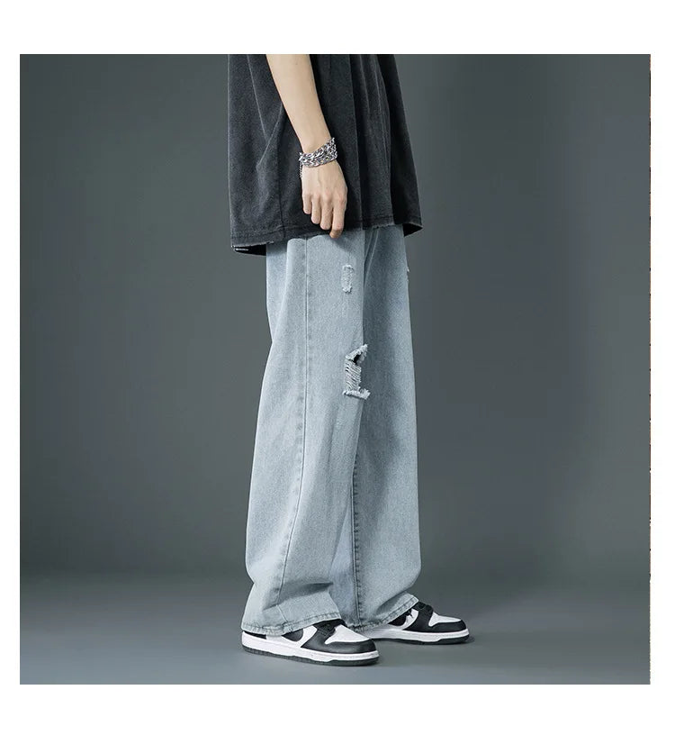 Ripped Jeans Men Ins Trendy - Straight Leg Loose Wide Leg