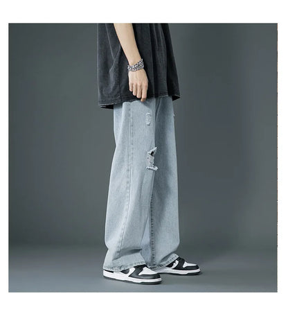 Ripped Jeans Men Ins Trendy - Straight Leg Loose Wide Leg