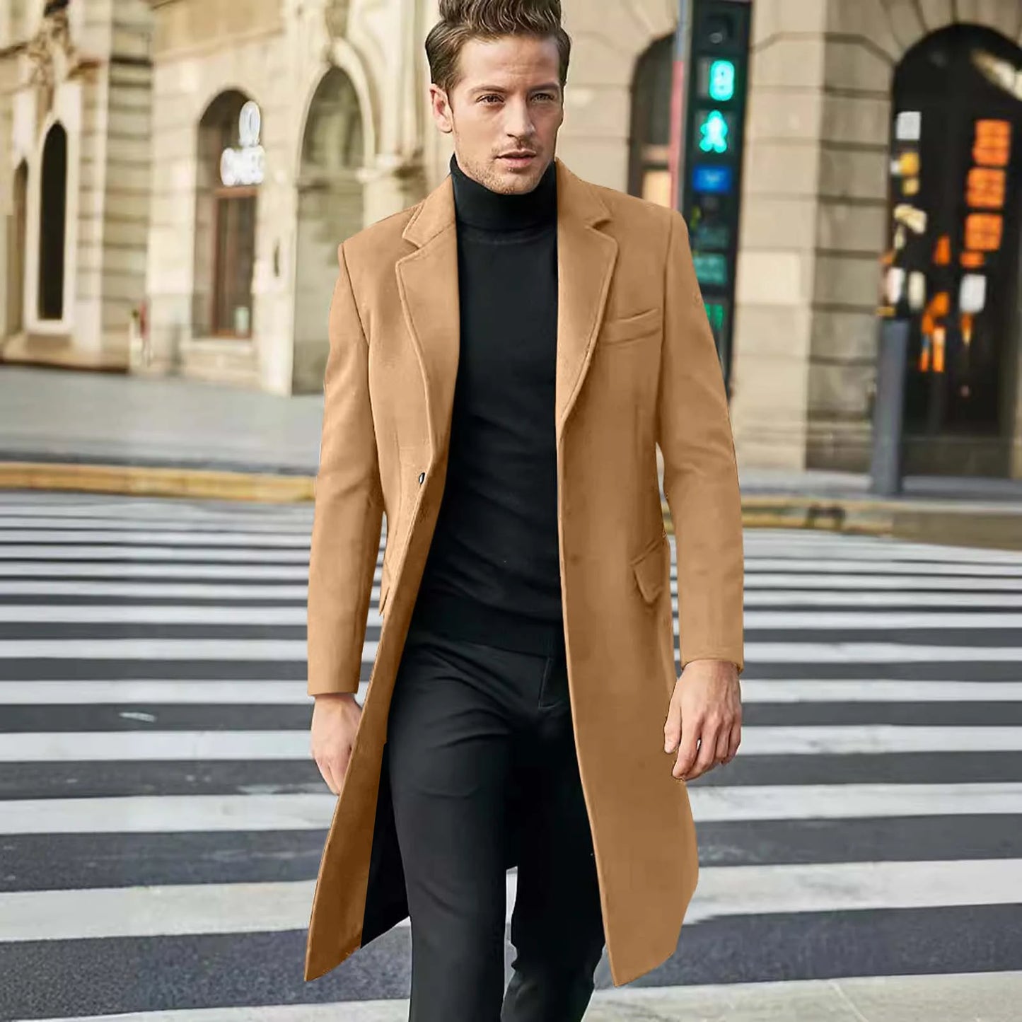 Men's Long Trench Coat - Slim-Fit Wool Jacket