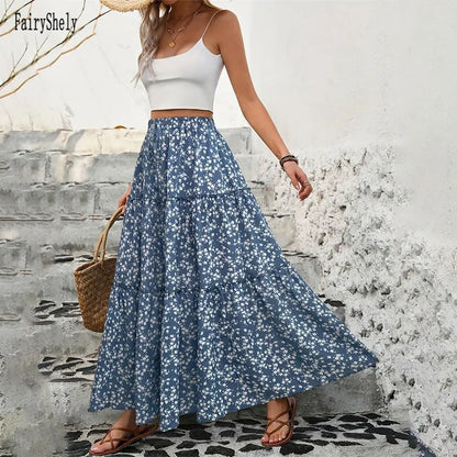 Casual Flower Print Long Skirt - High Waist Maxi Skirt
