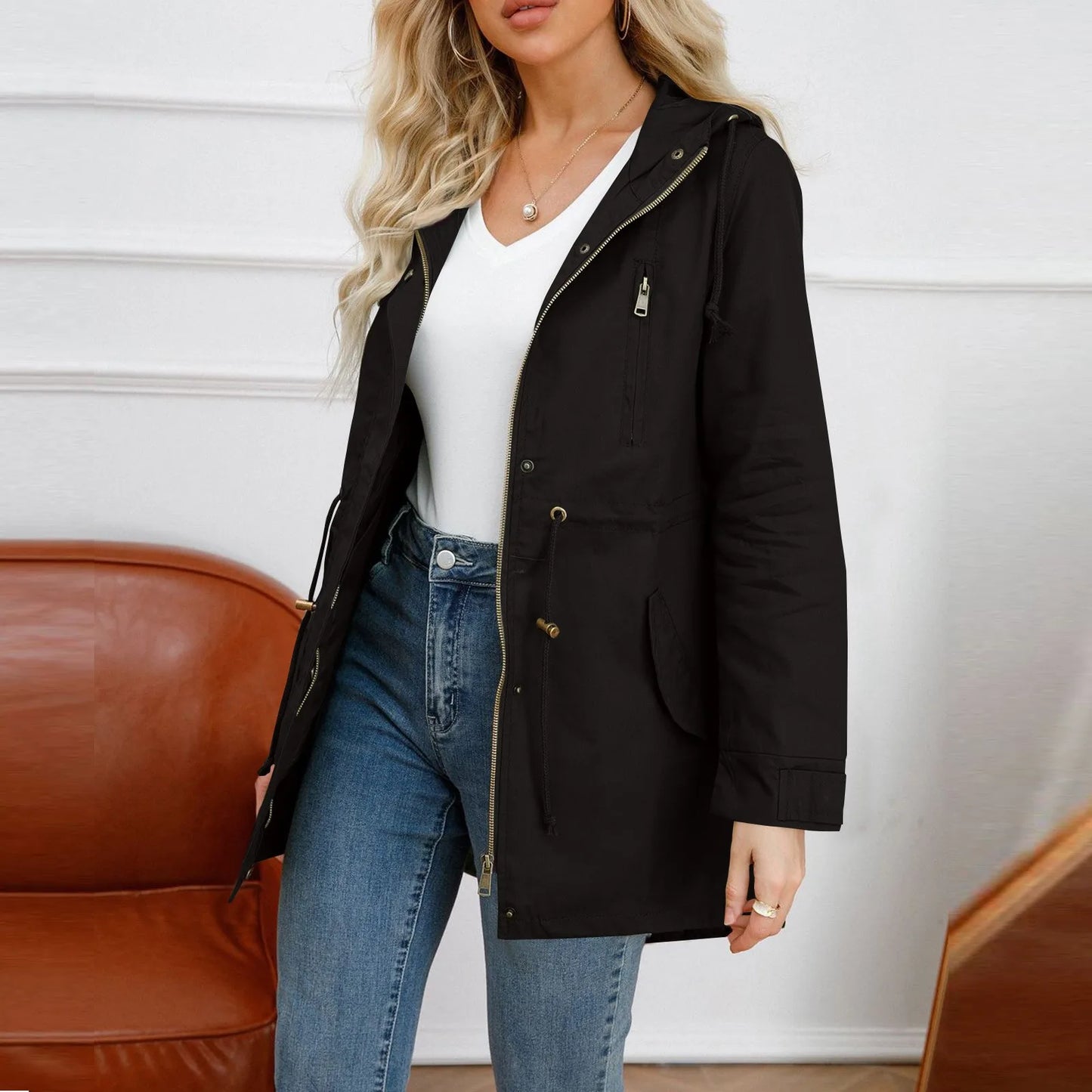 Women Hooded Trench Coat Spring Autumn Outdoor