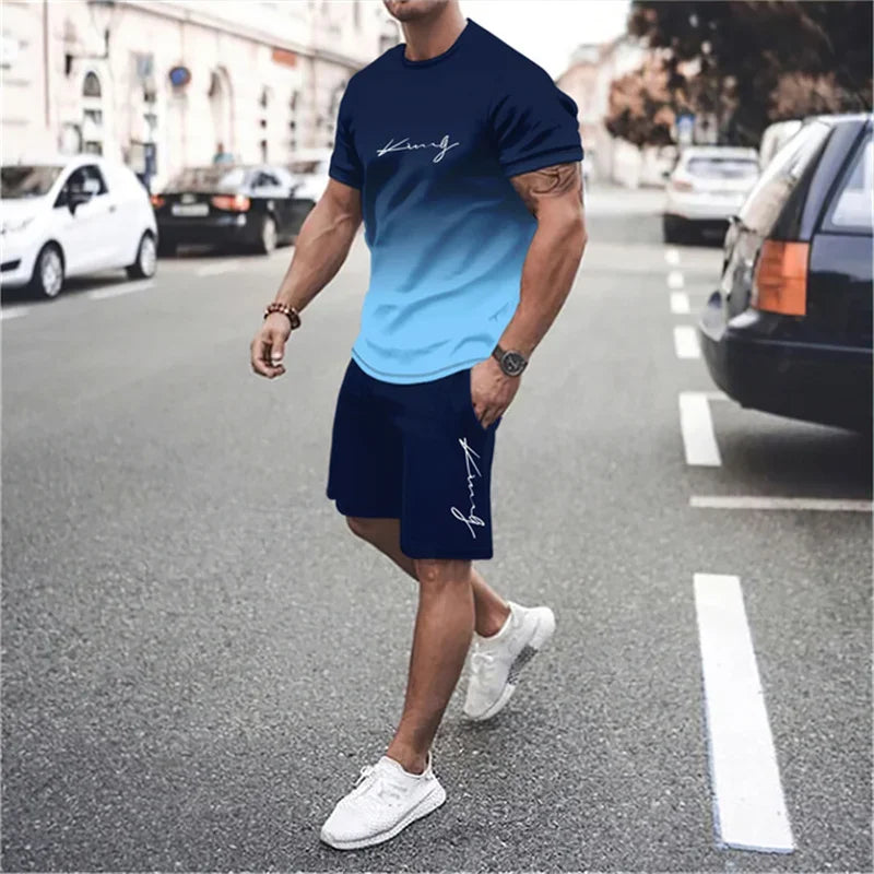 Men's 3D Gradient T-shirt and Shorts Set - Casual Sportswear