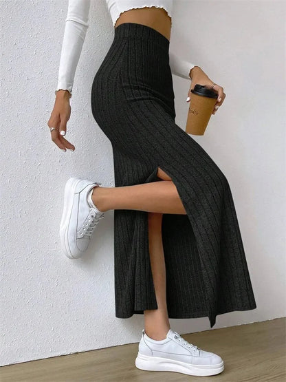 Women's Rib-knit Side Split Maxi Skirt - Long Skirt