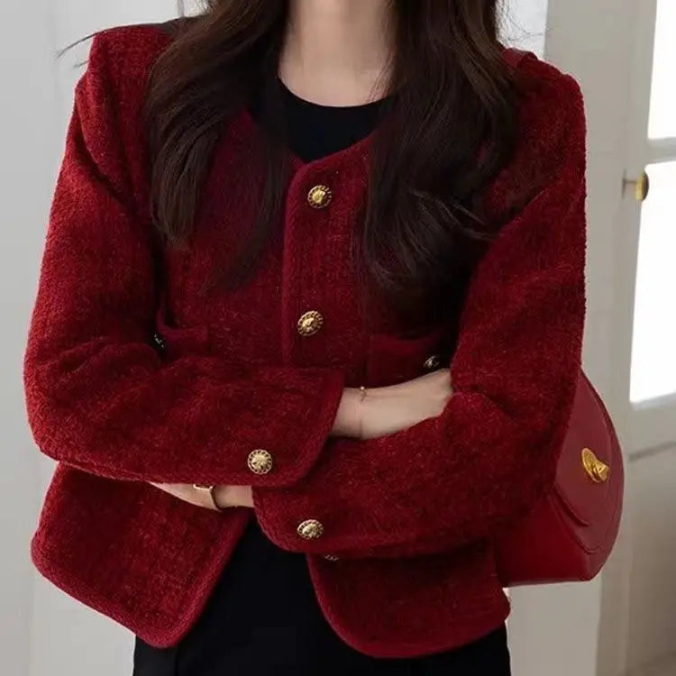 Women's Jacket 2026 Spring Autumn Red Tweed Small Fragrance