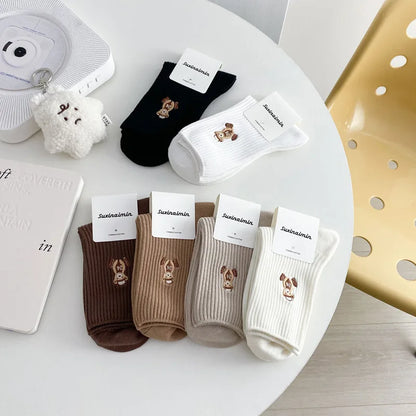 New Design Embroider Cute Bears Dressed Player In Sportswear Short Cotton Socks 6 Colors Available Casual Style Daily Attire