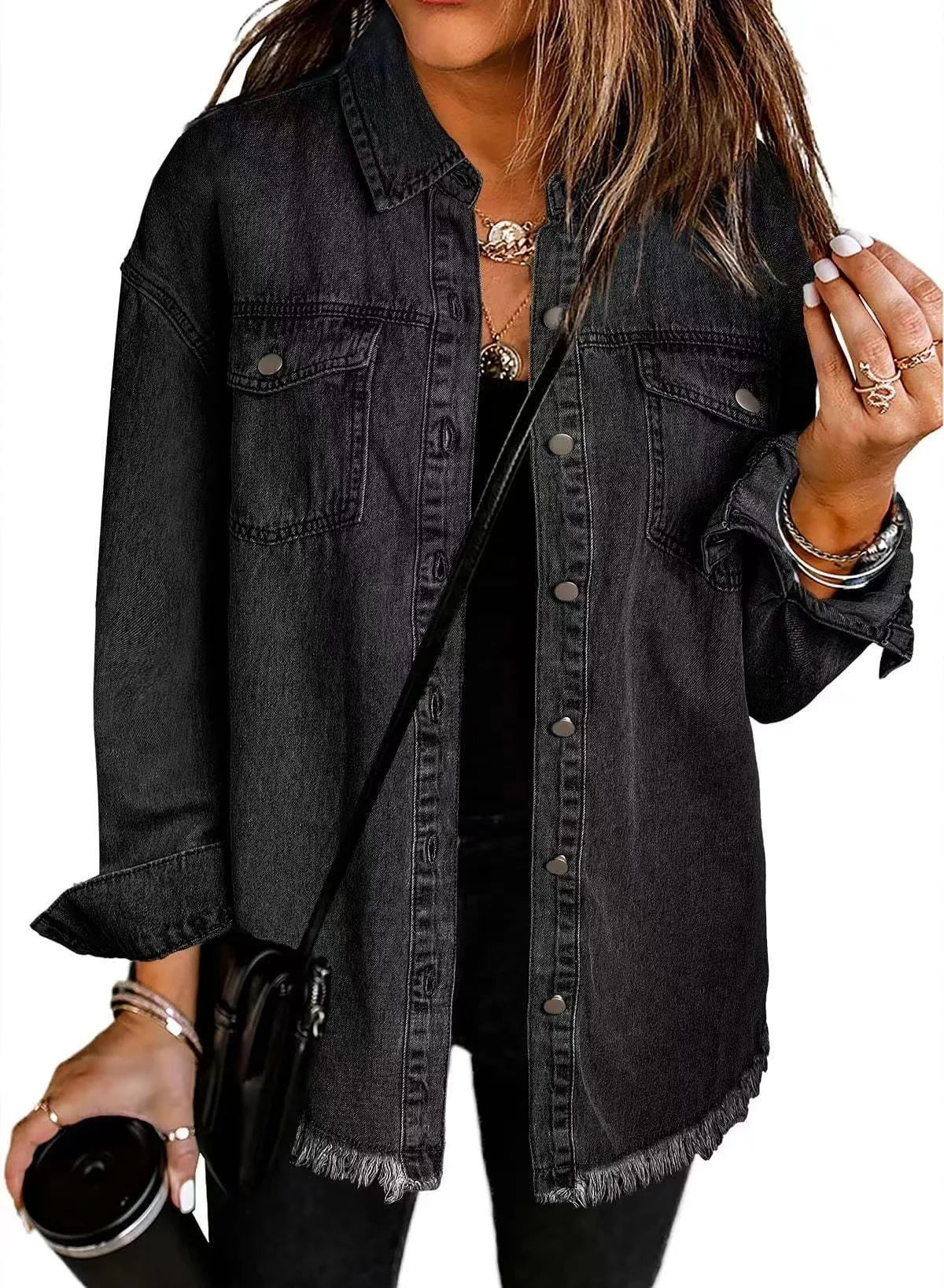 New washed denim shirt jacket for women autumn and winter personality street style edged hem jacket for women