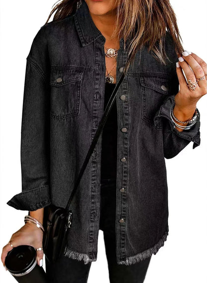 New washed denim shirt jacket for women autumn and winter personality street style edged hem jacket for women
