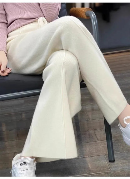 Women Pants Full Length Elastic Waist Knitted Wide Leg