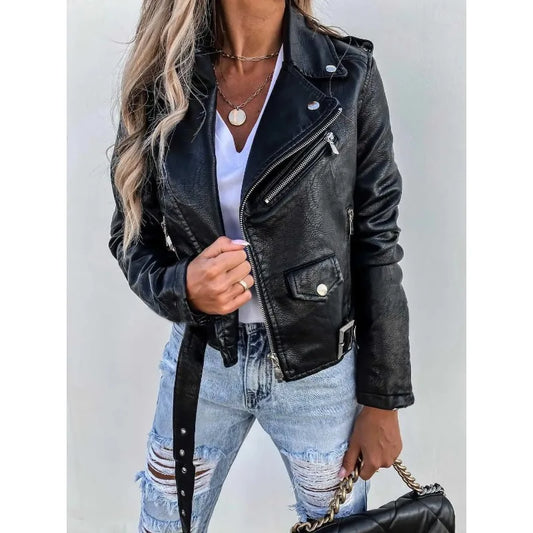 Women's PU Leather Motorcycle Jacket - British Style