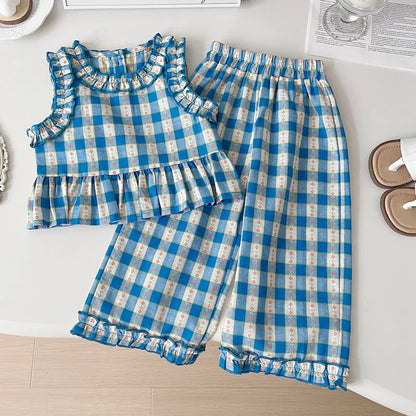Girls 3-Piece Summer Set - Plaid Sleeveless Top, Wide Leg Pants & Shorts (2T-7T)
