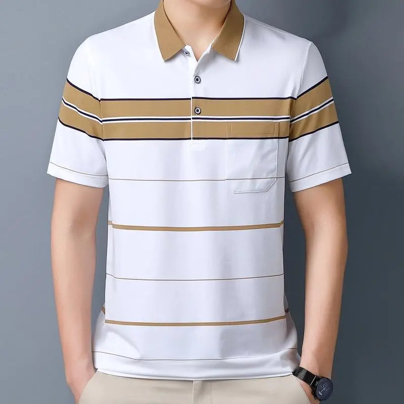 Short-sleeved T-shirt  Men Casual Versatile Loose Striped Real Pocket Lapel Polo Shirt Daddy Suit