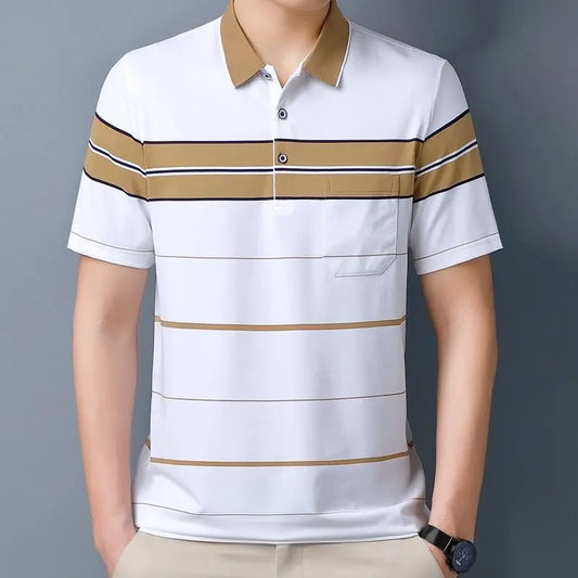 Short-sleeved T-shirt  Men Casual Versatile Loose Striped Real Pocket Lapel Polo Shirt Daddy Suit