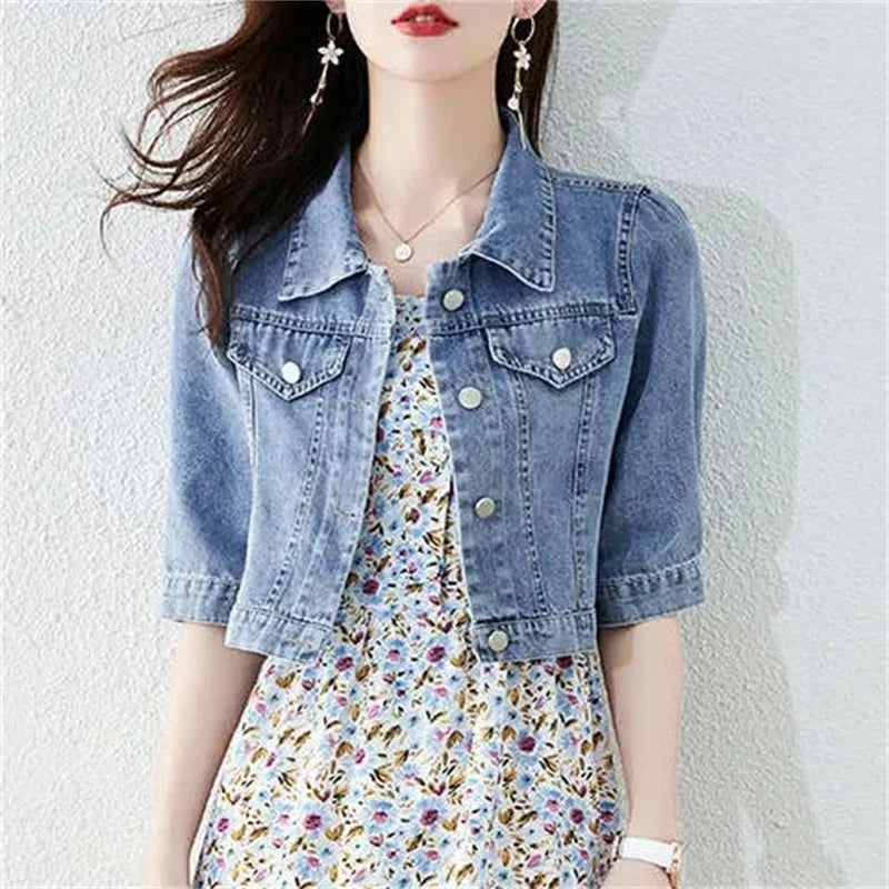 Denim Gödəkçə Qadın 2023 Yarımqol Cins Gödəkçə Qadın Elastik Rahat Denim Palto Qısa Denim Gödəkçə Qadın