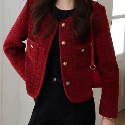 Women's Jacket 2026 Spring Autumn Red Tweed Small Fragrance