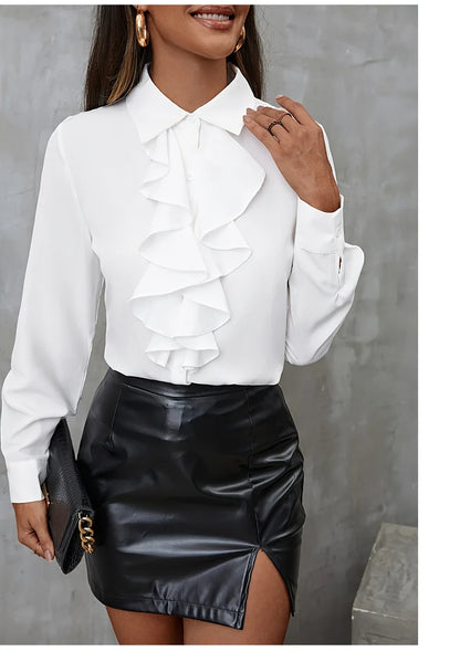 Elegant Women Blouse Ruffled Long Sleeve Office Shirt