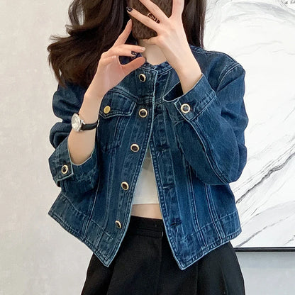 Vintage Women's O-Neck Denim Jacket Y2K