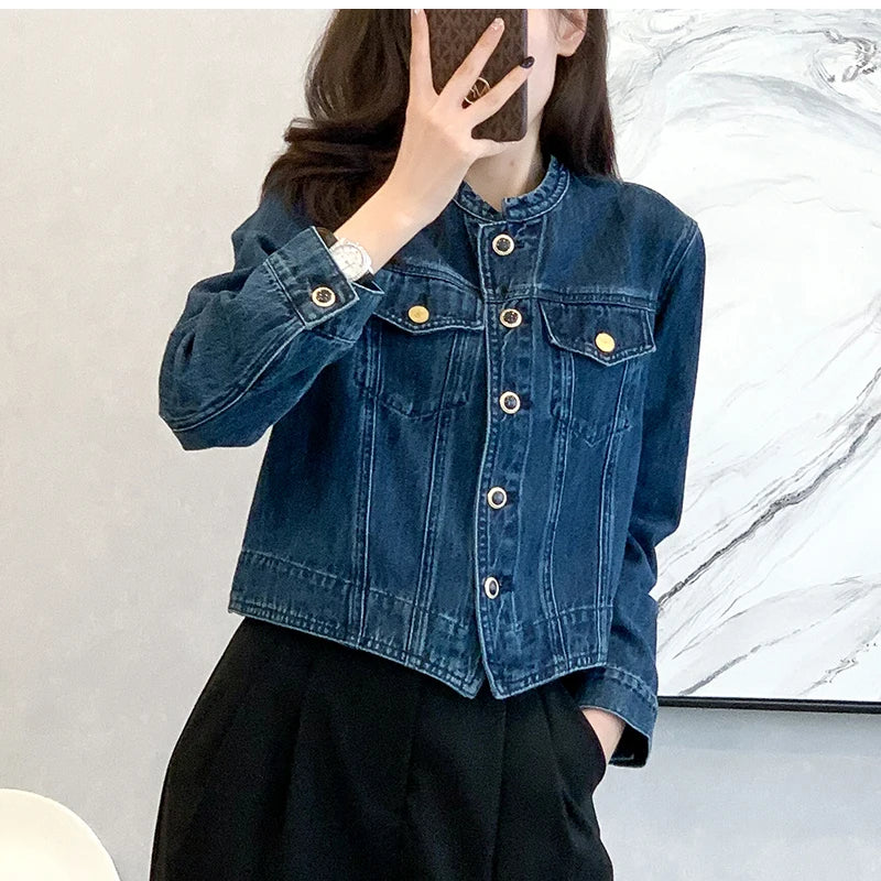 Vintage Women's O-Neck Denim Jacket Y2K