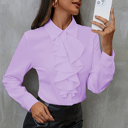 Elegant Women Blouse Ruffled Long Sleeve Office Shirt