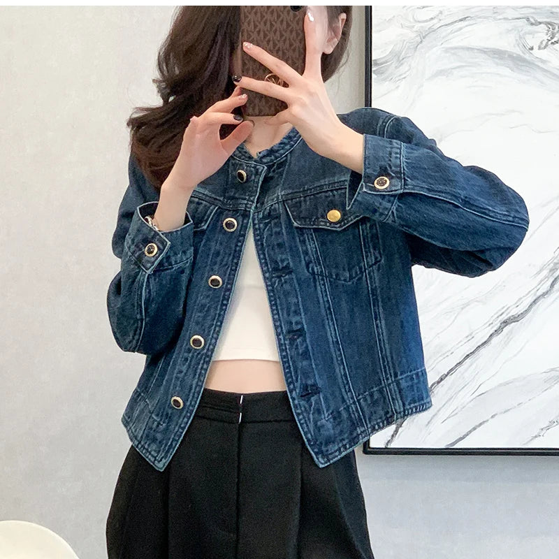Vintage Women's O-Neck Denim Jacket Y2K
