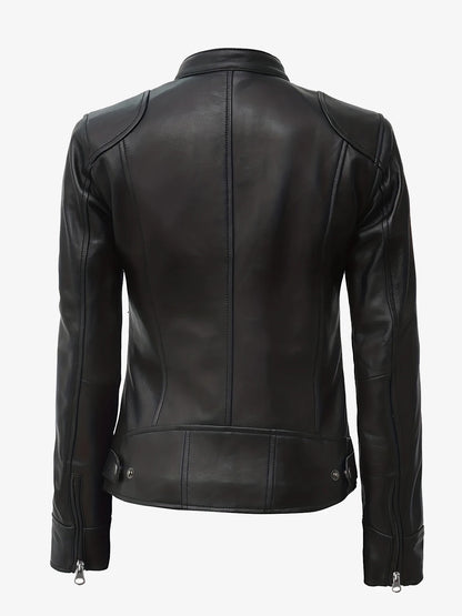 Women's Leather Jacket - Slim Fit A-line Zipper Cycling Jacket, Stand Collar Long Sleeve Casual Cycling Jacket, All-Season PU Le